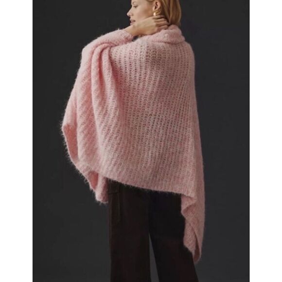 NWT Anthropologie Funnel-Neck Poncho One Size Pink/Rose Handcrafted Fuzzy Knit - Picture 2 of 12